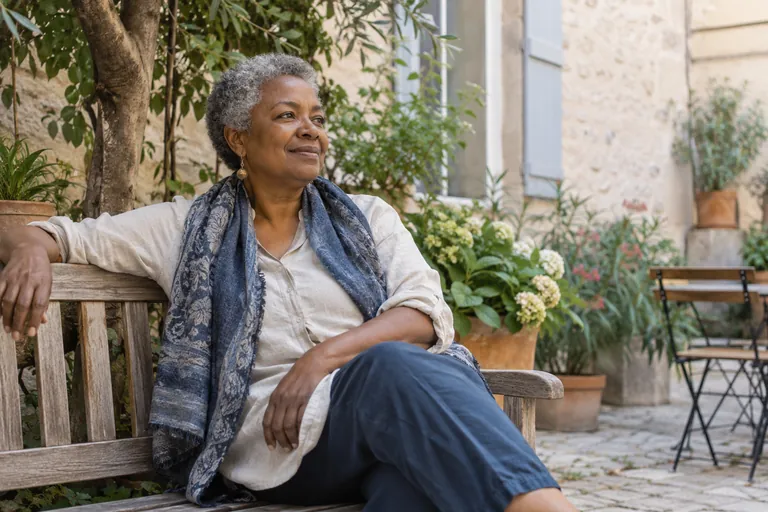 Une femme âgée prend une pause sur un banc dans une cour