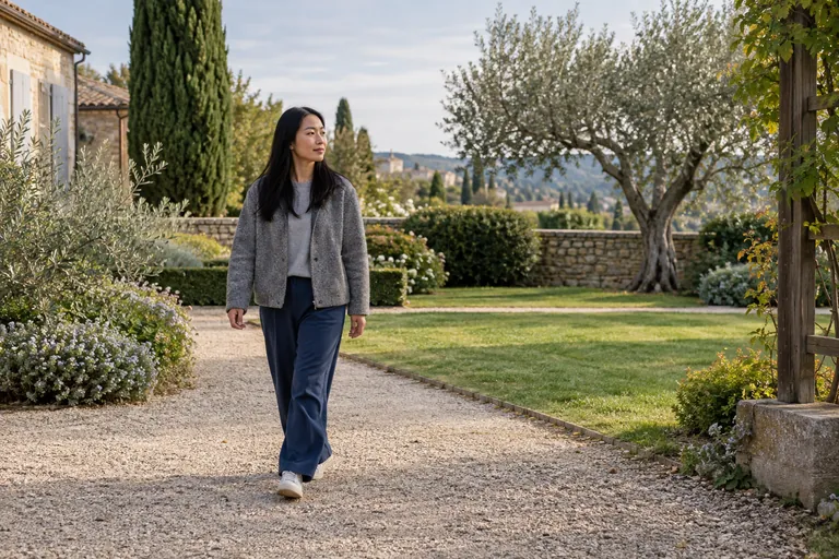 Une femme marche dans un jardin ouvert