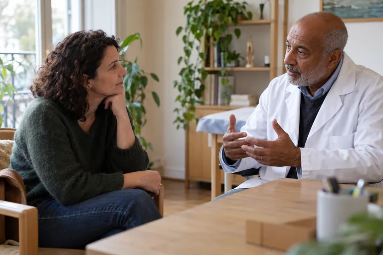 Une femme échange avec un médecin dans un cabinet