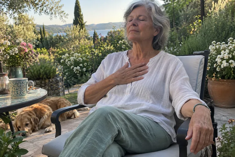 Une femme âgée assise dans son jardin, une main posée sur la poitrine, respire calmement les yeux fermés