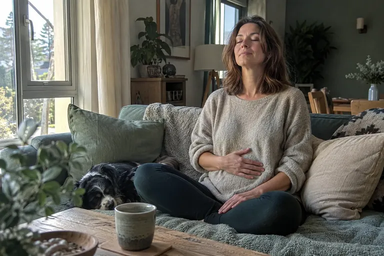 Une femme assise sur un canapé près d’une fenêtre, une main sur le ventre, respire lentement les yeux fermés