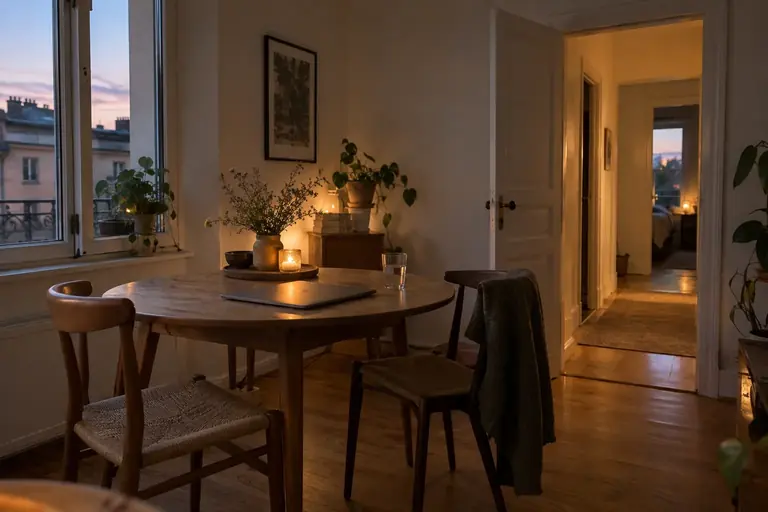 Deux chaises près d’une table, un ordinateur fermé et une porte ouverte vers un couloir calme