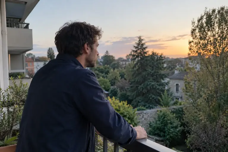 Un homme prend un moment de recul sur un balcon calme