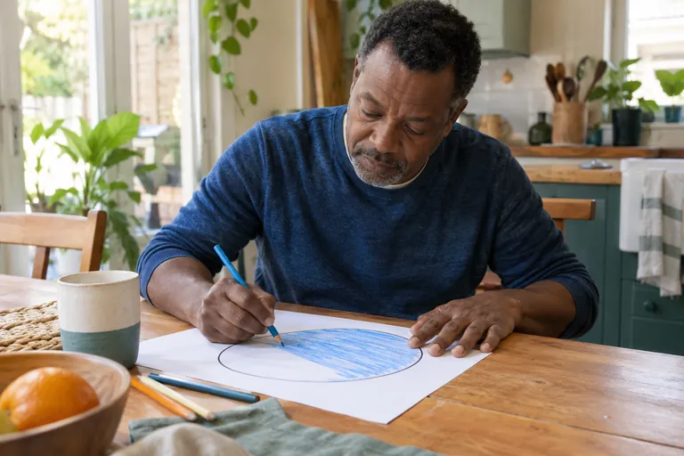 Un homme colorie en bleu une grande forme dessinée sur une feuille.