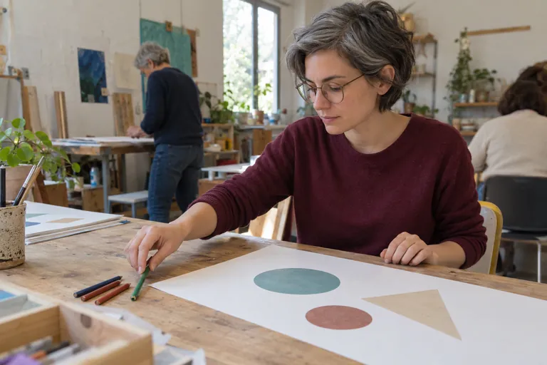 Une femme choisit un crayon devant une feuille avec des formes géométriques.