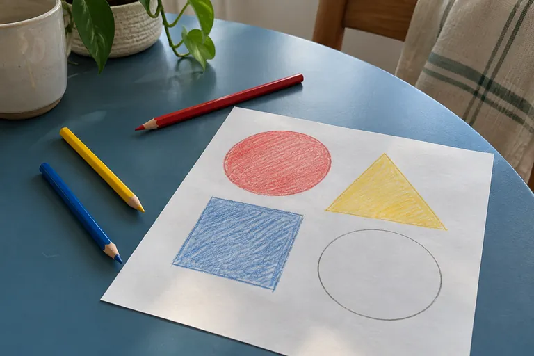 Des crayons de couleur entourent une feuille de formes géométriques partiellement coloriées.