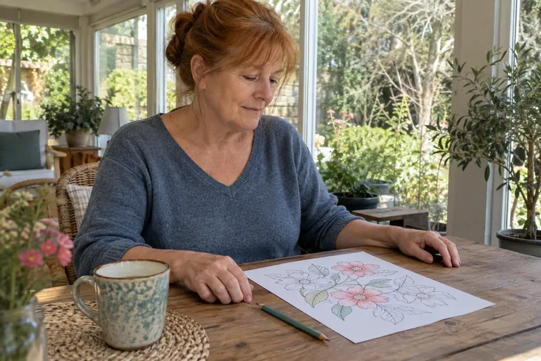Une femme regarde un dessin de fleurs partiellement colorié, le crayon posé à côté.