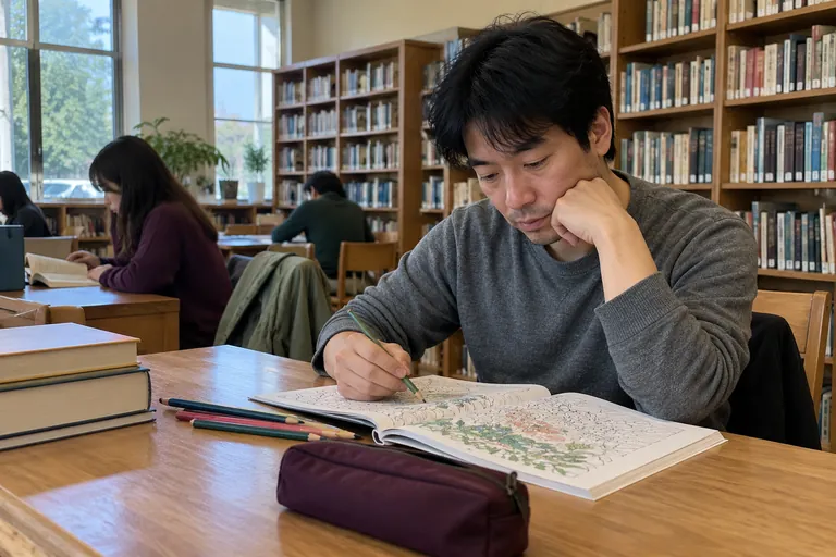 Un homme colorie un cahier à une table de bibliothèque.