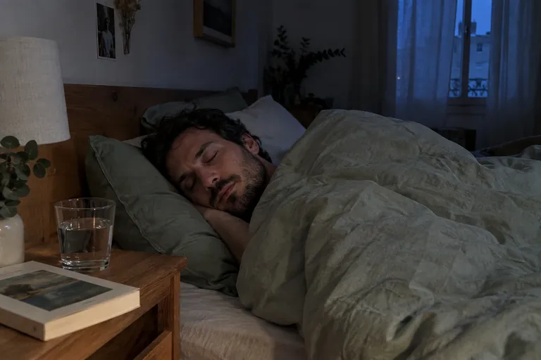 Un homme endormi sur le côté dans une chambre plongée dans la pénombre, le visage détendu