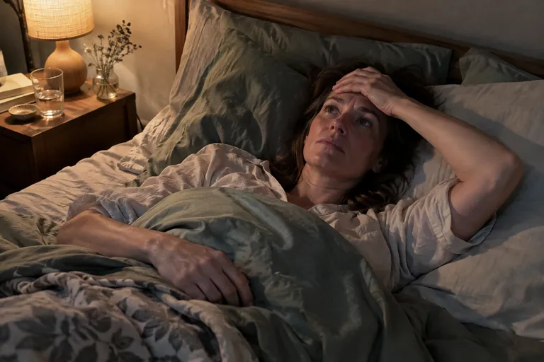 Une femme allongée dans son lit la nuit, les yeux grands ouverts, une main sur le front