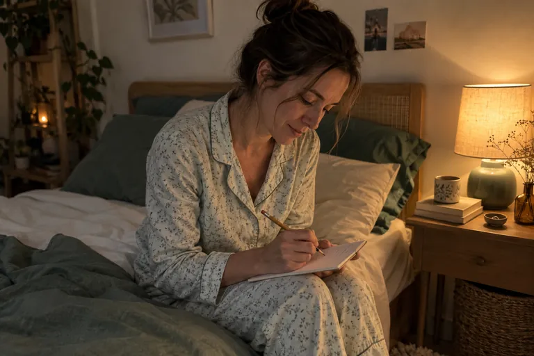 Une femme en pyjama, assise au bord de son lit, écrit une courte liste dans un carnet