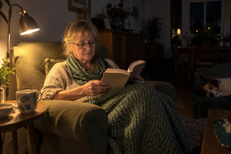 Une femme âgée lit un livre dans un fauteuil, sous une petite lampe, enveloppée dans un plaid