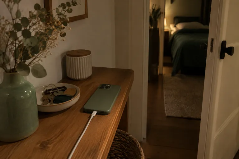 Un téléphone en charge posé écran contre le meuble dans un couloir, devant une chambre plongée dans la pénombre