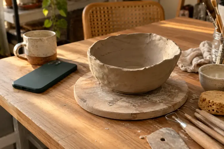 Un bol en céramique encore imparfait et des outils de modelage sur une table, à côté d’un téléphone retourné