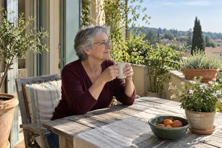 Une femme tient une tasse à une table de terrasse ensoleillée.