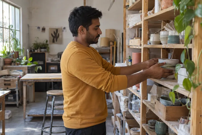 Un homme range des bols sur une étagère dans un atelier de poterie.