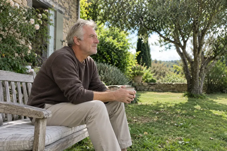 Un homme tient une tasse, assis sur un banc de jardin.
