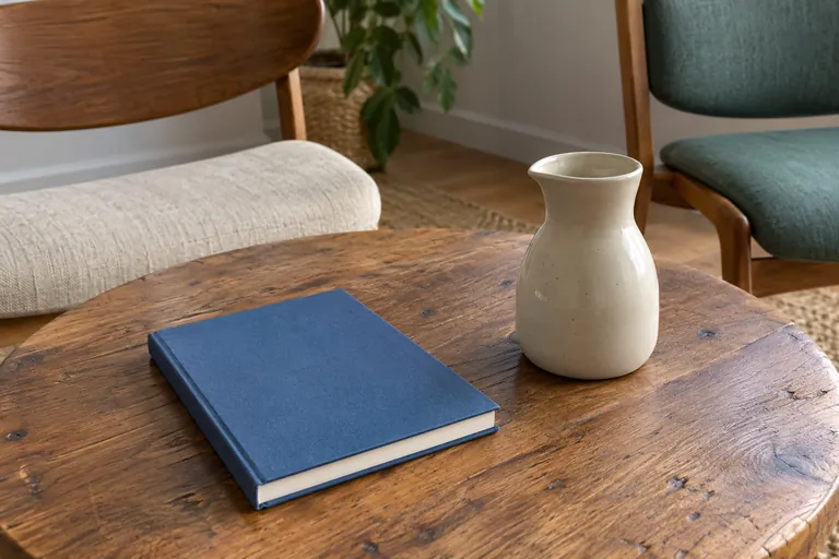 Un carnet bleu fermé et un vase reposent sur une petite table.