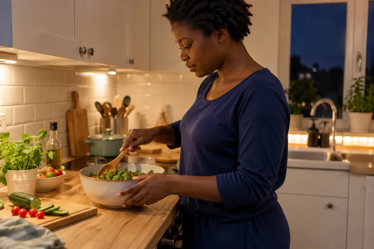 Une femme mélange une salade dans un bol sur un plan de travail.