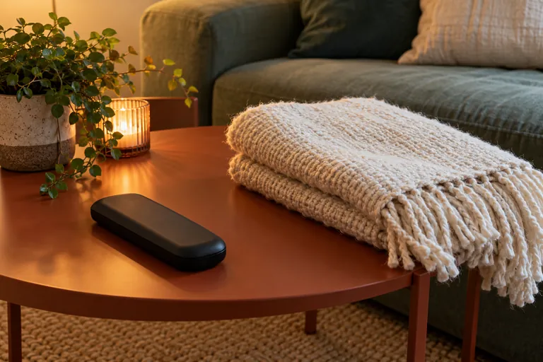 Une télécommande retournée et une couverture pliée reposent sur une table basse.