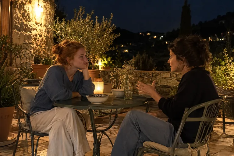 Deux femmes discutent à une table de terrasse éclairée le soir.