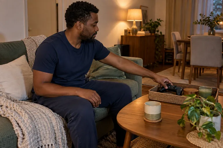 Un homme pose une manette de jeu dans un plateau sur une table basse.