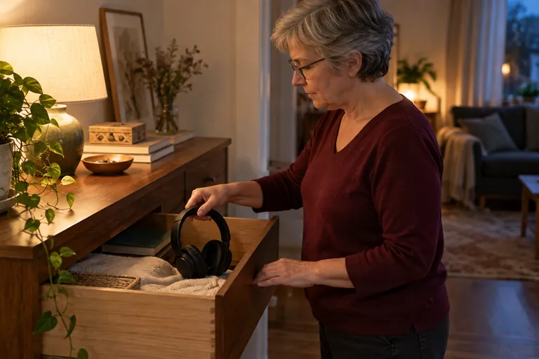 Une femme range un casque audio dans un tiroir.