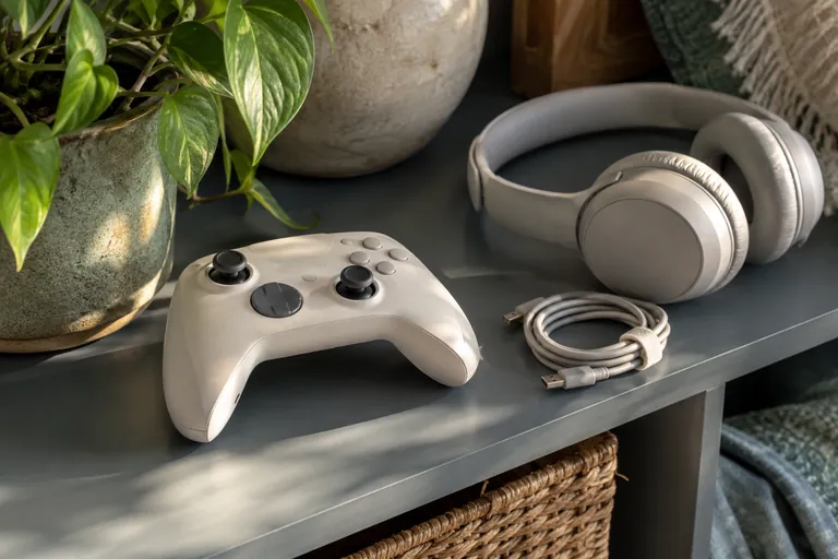 Une manette, un casque audio et un câble enroulé reposent sur une étagère.