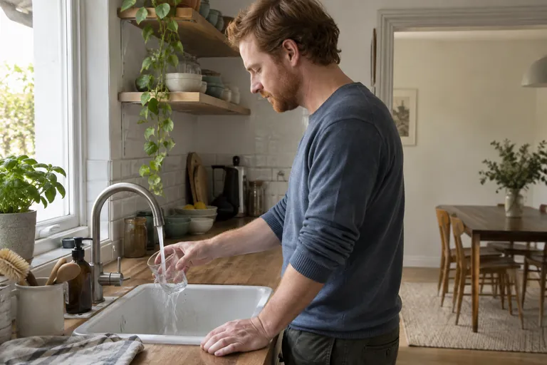 Un homme rince un verre sous le robinet de sa cuisine.