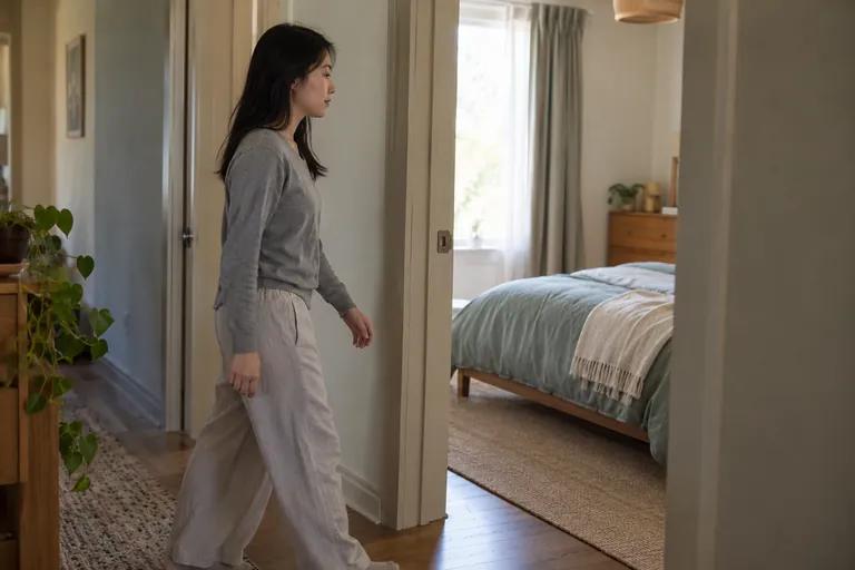 Une femme en tenue confortable marche vers une chambre.