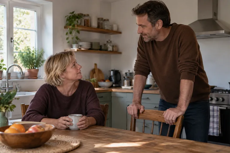 Une femme assise à une table de cuisine discute avec un homme debout.