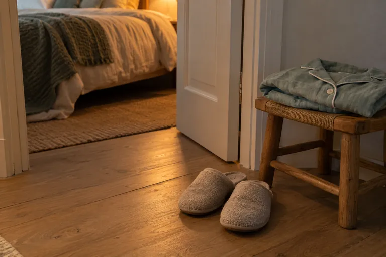 Des chaussons et un pyjama plié sont disposés près de la porte d’une chambre.
