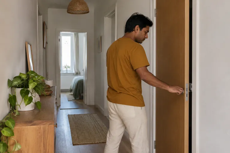 Un homme tient la poignée d’une porte intérieure dans un couloir.