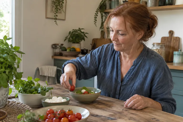 Une femme ajoute une tomate à une salade.