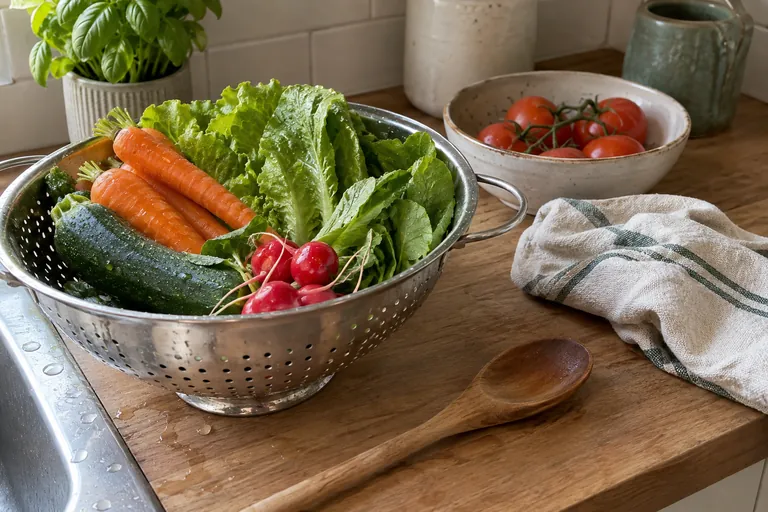 Une passoire de légumes frais, une cuillère en bois et un torchon reposent sur un plan de travail.
