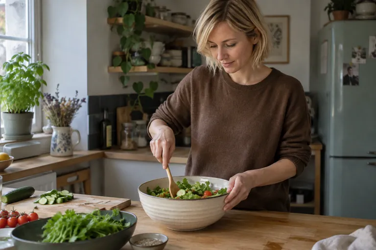 Une femme mélange une salade dans un grand bol.