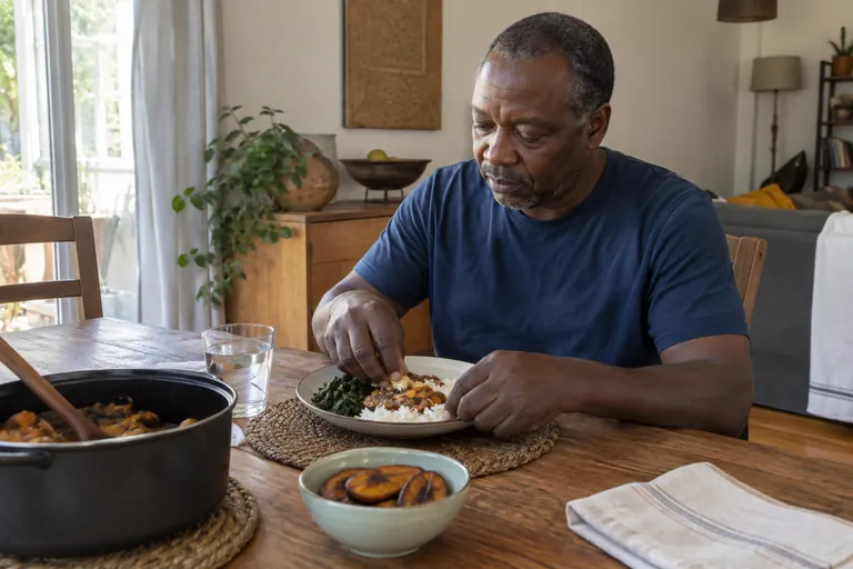 Un homme prend son repas à une table.