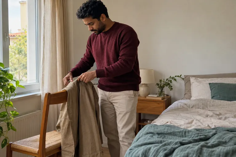 Un homme pose une veste sur le dossier d’une chaise dans une chambre.