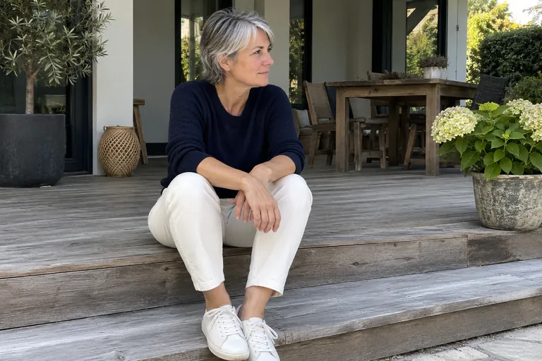 Une femme assise sur les marches d’une terrasse regarde le jardin.