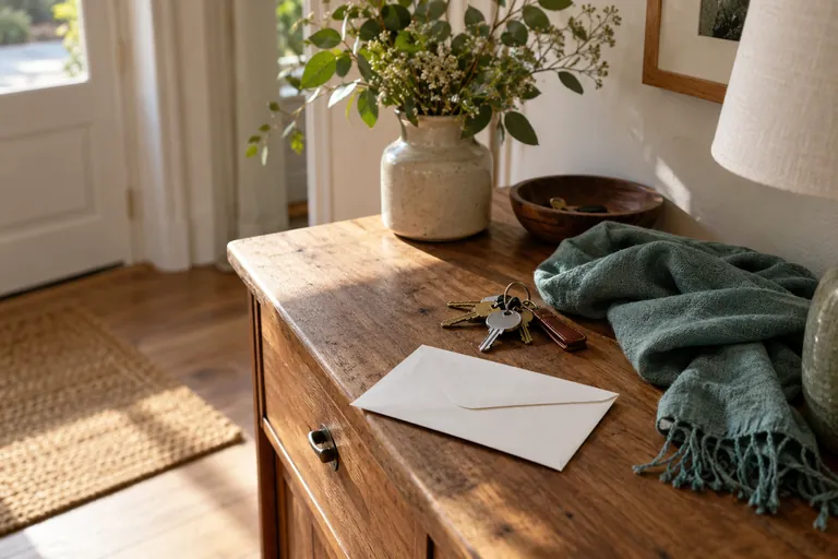 Une enveloppe fermée, des clés et une écharpe reposent sur un meuble d’entrée.