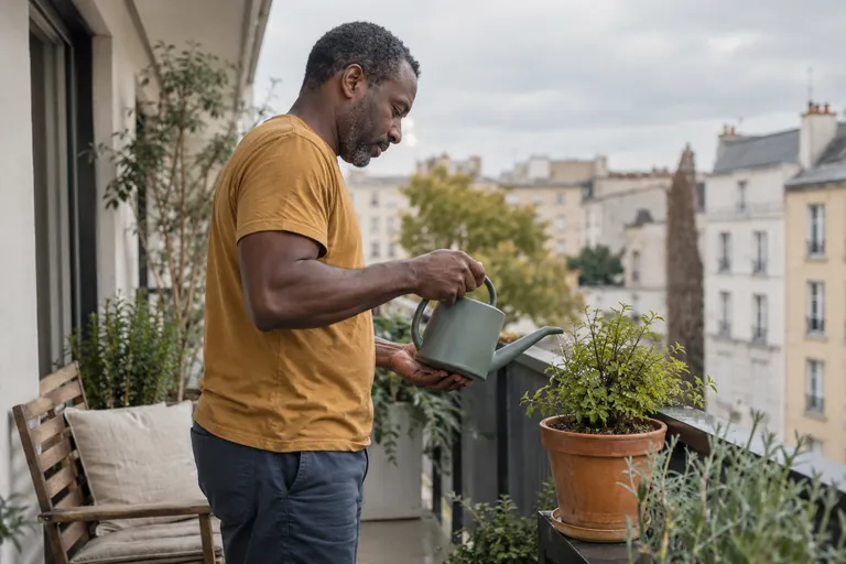 Un homme arrose une plante en pot sur un balcon.