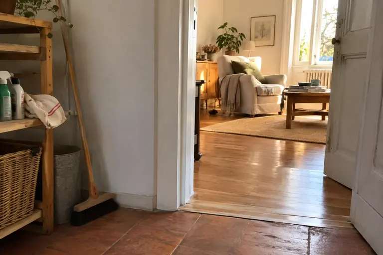 Du petit matériel de ménage rangé dans un coin, avec un fauteuil libre visible dans la pièce voisine