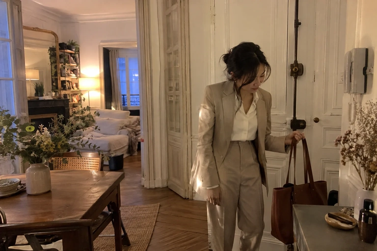Une femme pose son sac près de la porte en rentrant chez elle