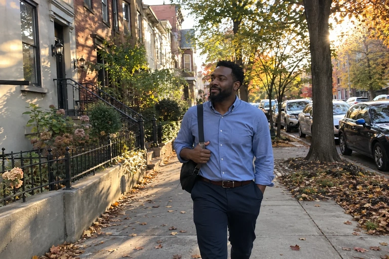 Une personne marche dans une rue résidentielle après sa journée