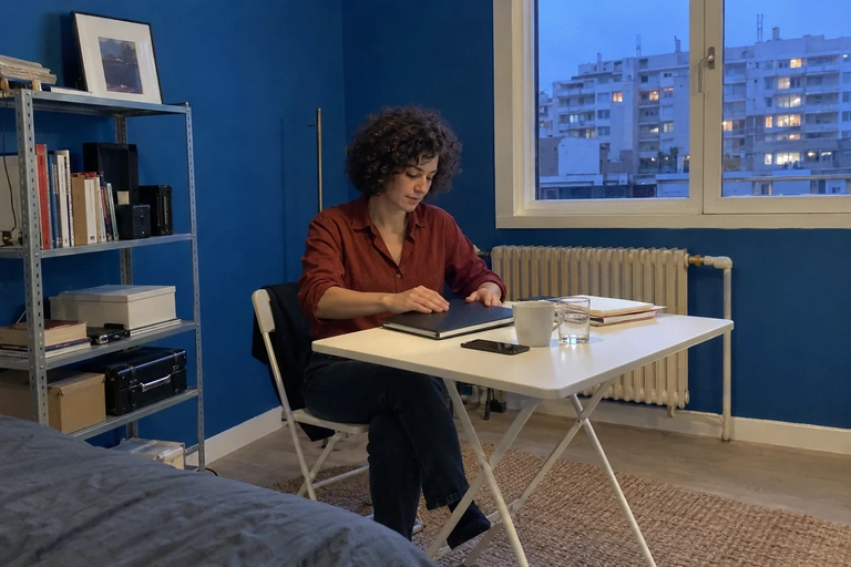Une femme ferme un carnet de travail sur une table dans un studio