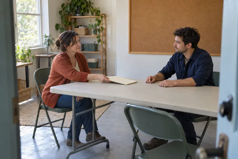 Une femme tend un dossier fermé à un homme assis de l’autre côté d’une table.