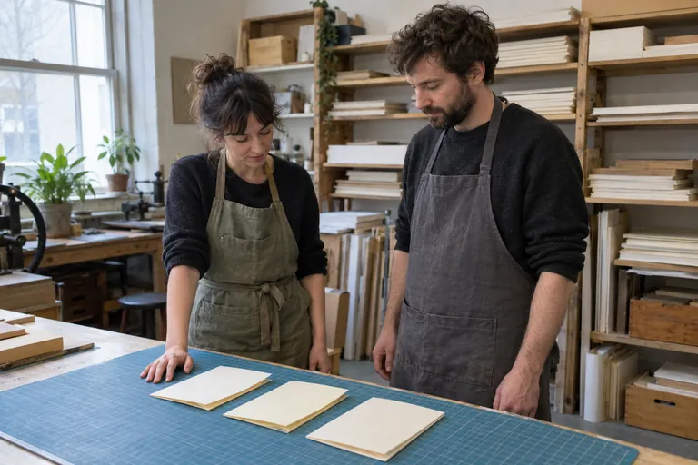 Deux adultes en tablier observent trois échantillons de papier plié sur une table d’atelier.