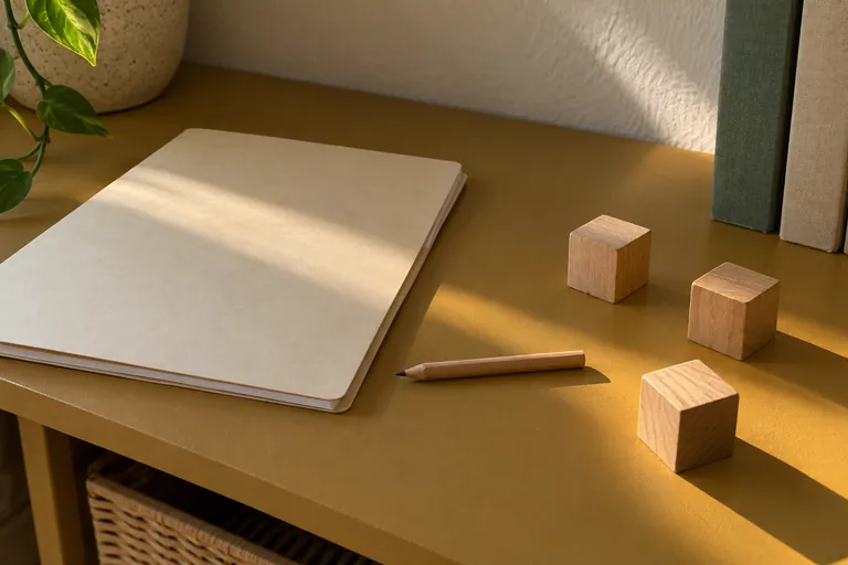 Un dossier fermé, un crayon et trois cubes en bois reposent sur une étagère ocre.