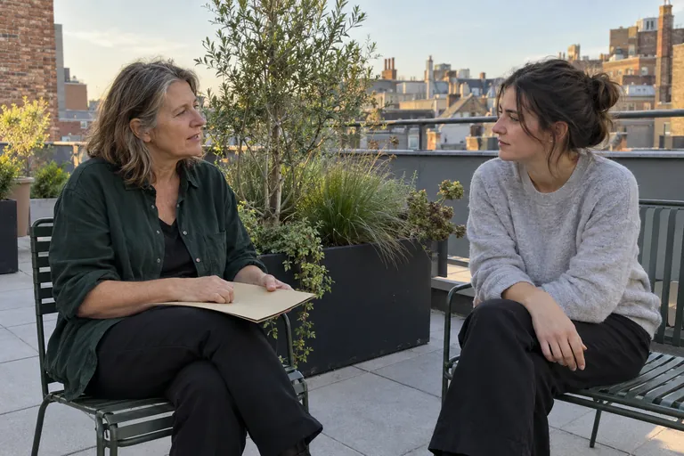 Deux femmes discutent assises sur une terrasse, l’une tenant un dossier fermé sur ses genoux.