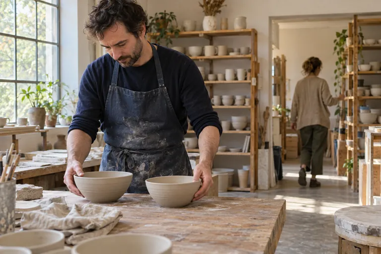 Un homme dispose deux bols sur un établi tandis qu’une femme rejoint une étagère au fond de l’atelier.